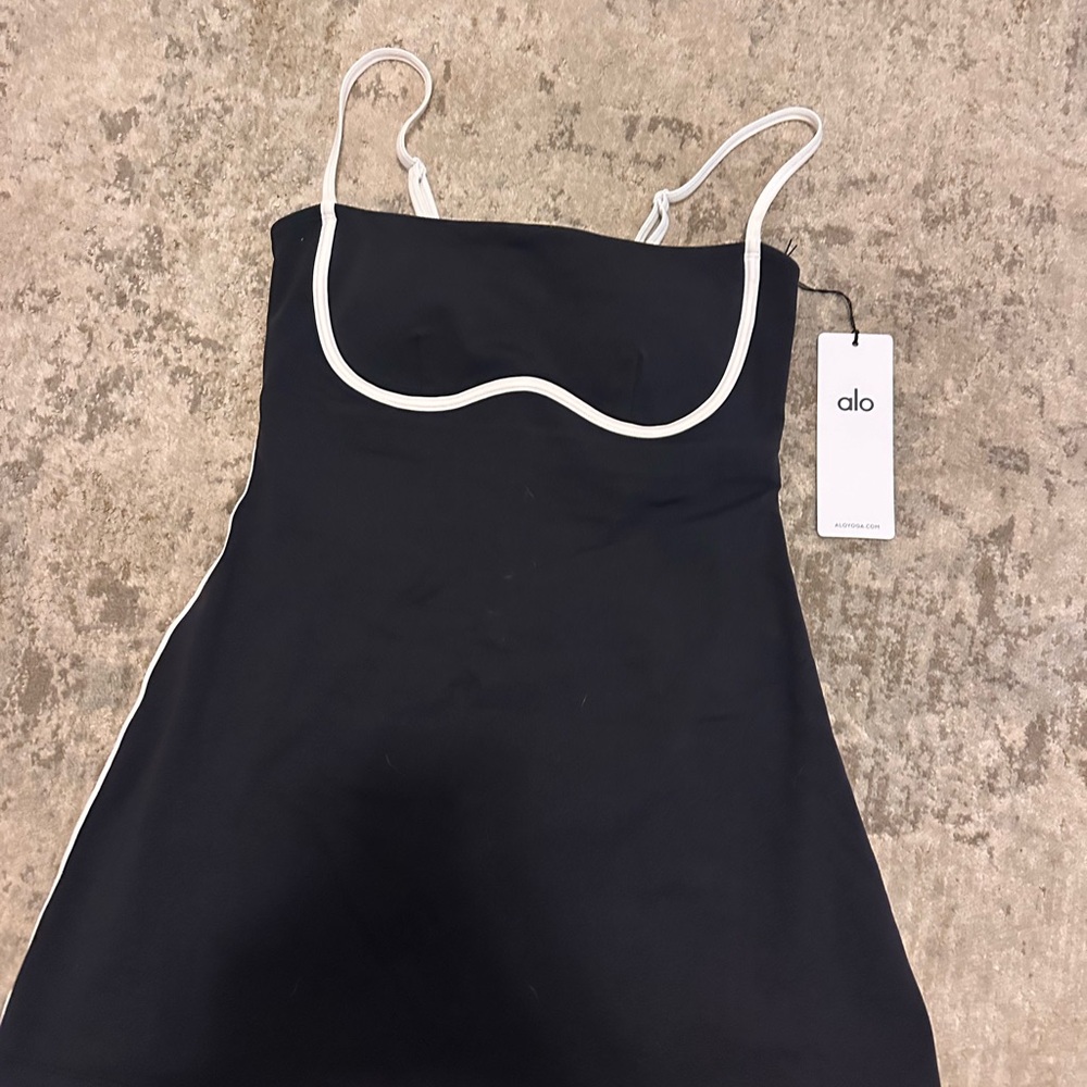 NWT Alo Women's Black Slip Dress with White Piping